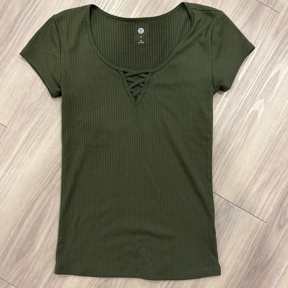 SO Olive Ribbed Tee with Lace-Up Detail